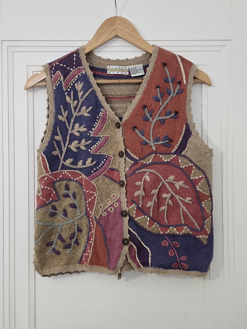 Vintage Sigrid Olsen Multicolor Embroidered VNeck Sweater Vest Ramie Cotton, M